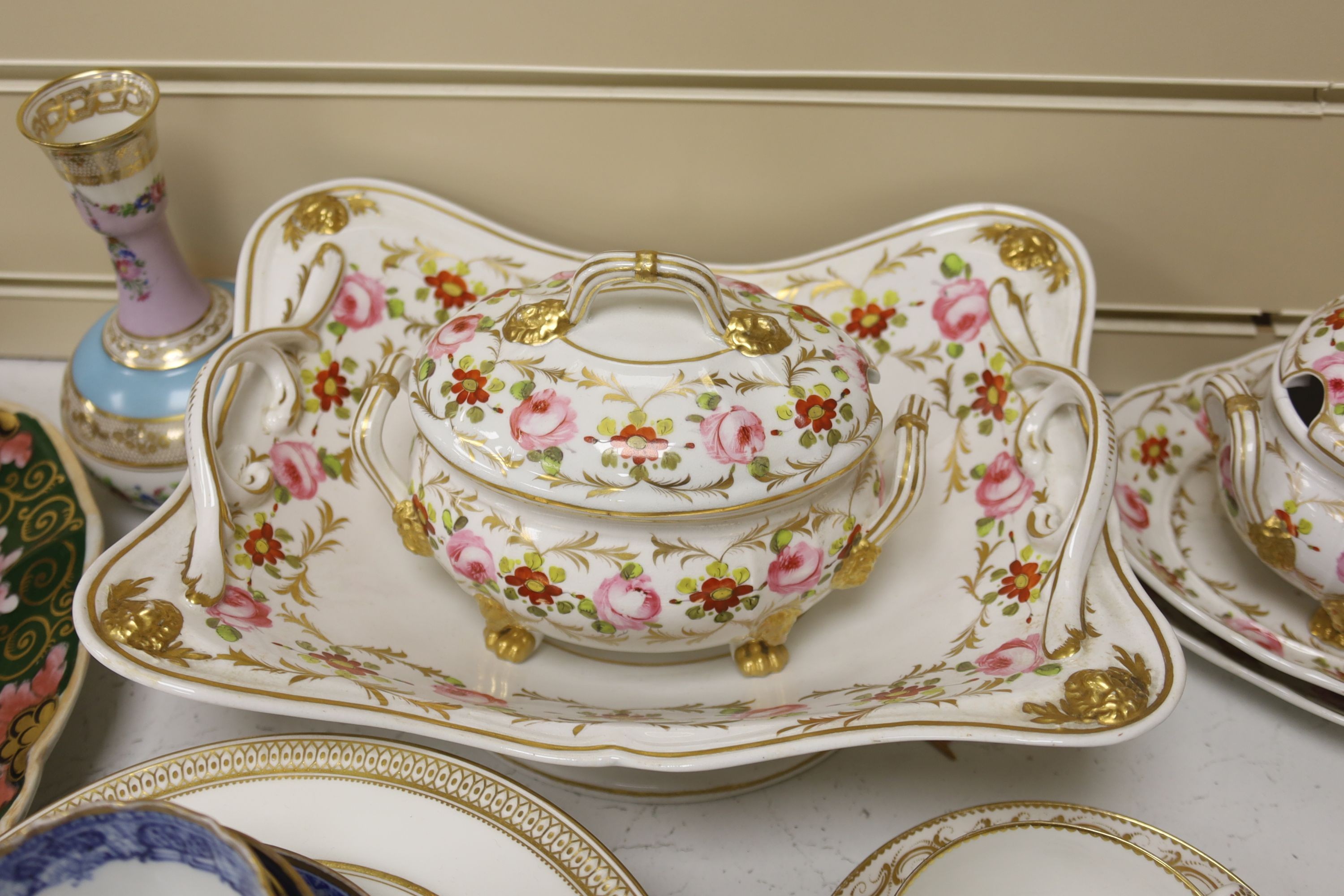 A collection of decorative ceramics to include cabinet cups and saucers, a delft casket, vases, etc.